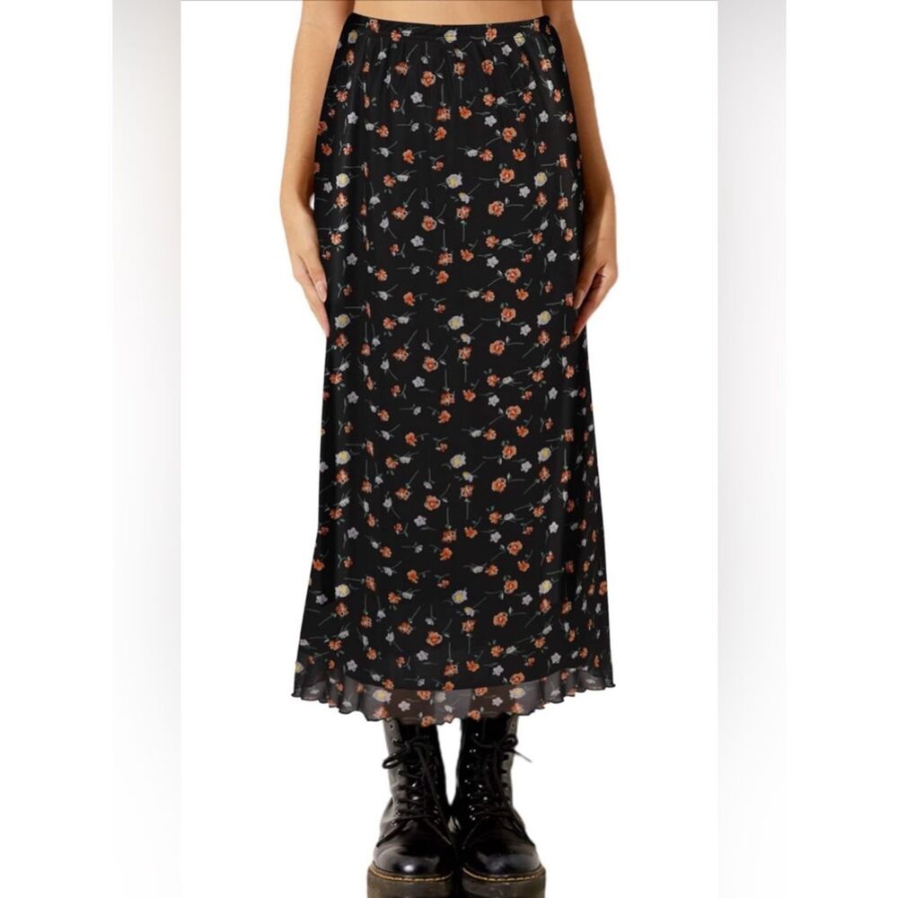 Amazon Black Floral Maxi Skirt with Rust and Cream Blossoms